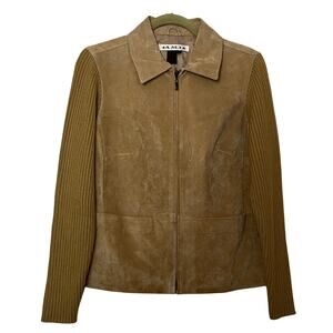 A.M.I. Collar 100% Suede Leather Knit Sleeves Full Zip Up Jacket Size Medium
